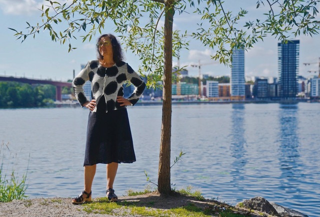 dark blue linen dress and painted wool cardigan